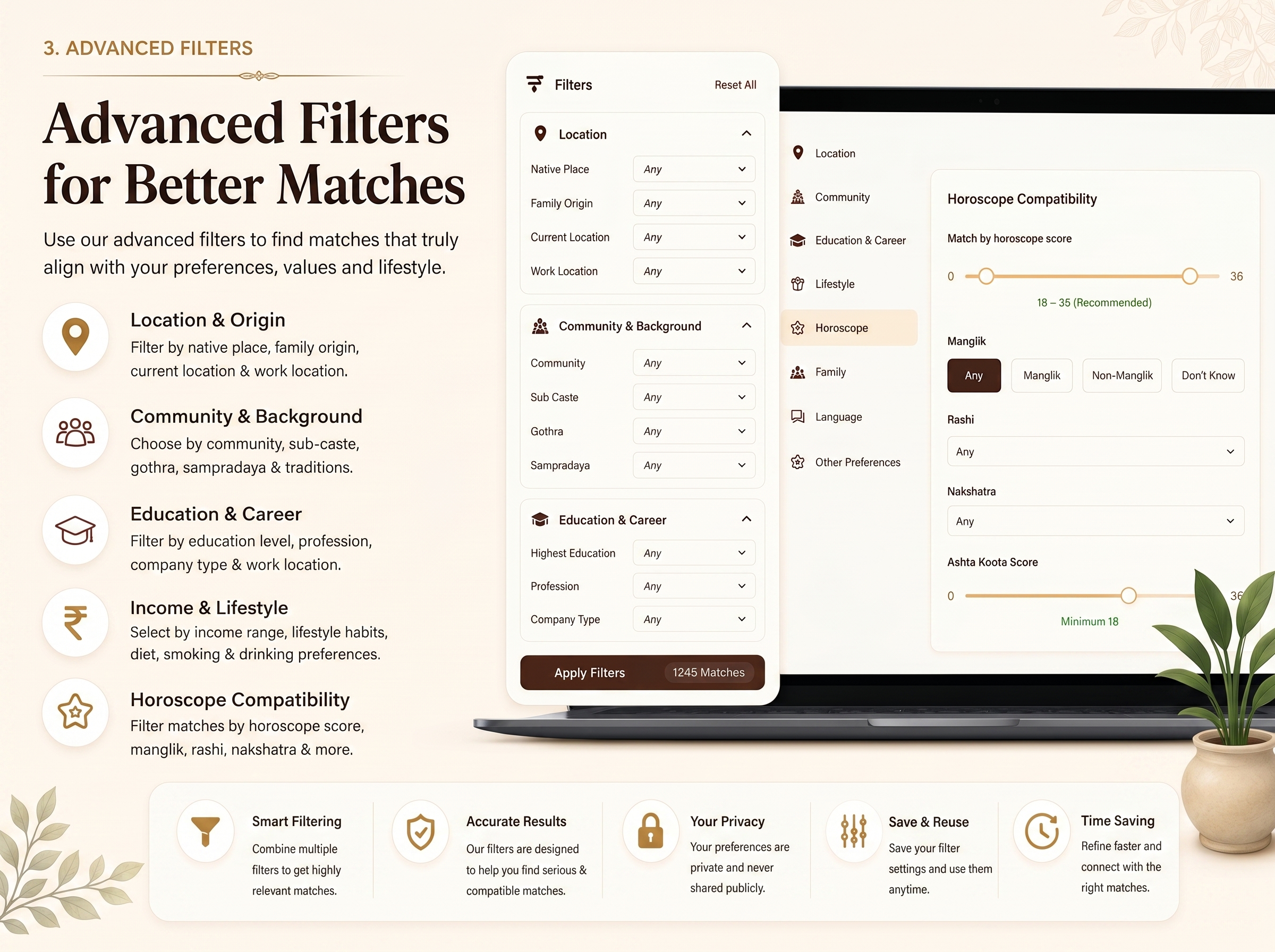 Advanced filters interface showing filter groups for location, community, education, income and horoscope preferences.