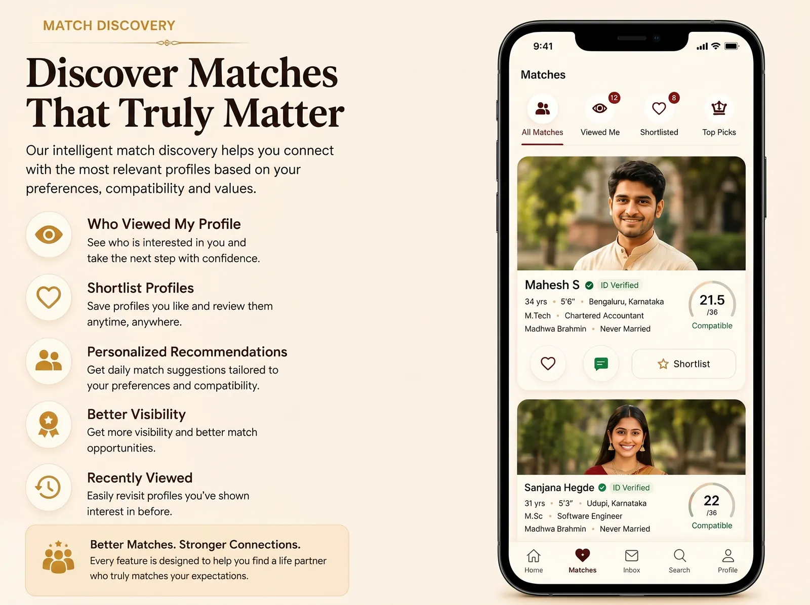 Matrimony discovery screen for Brahmin Vokkaliga Veerashaiva Lingayat Arya Vysya Reddy Kumbara Kuruba Golla Naidu Nayaka Kapu Padmashali Vishwakarma Maratha Ediga and Kodava bride profiles groom profiles and NRI matches across India USA Canada and Europe