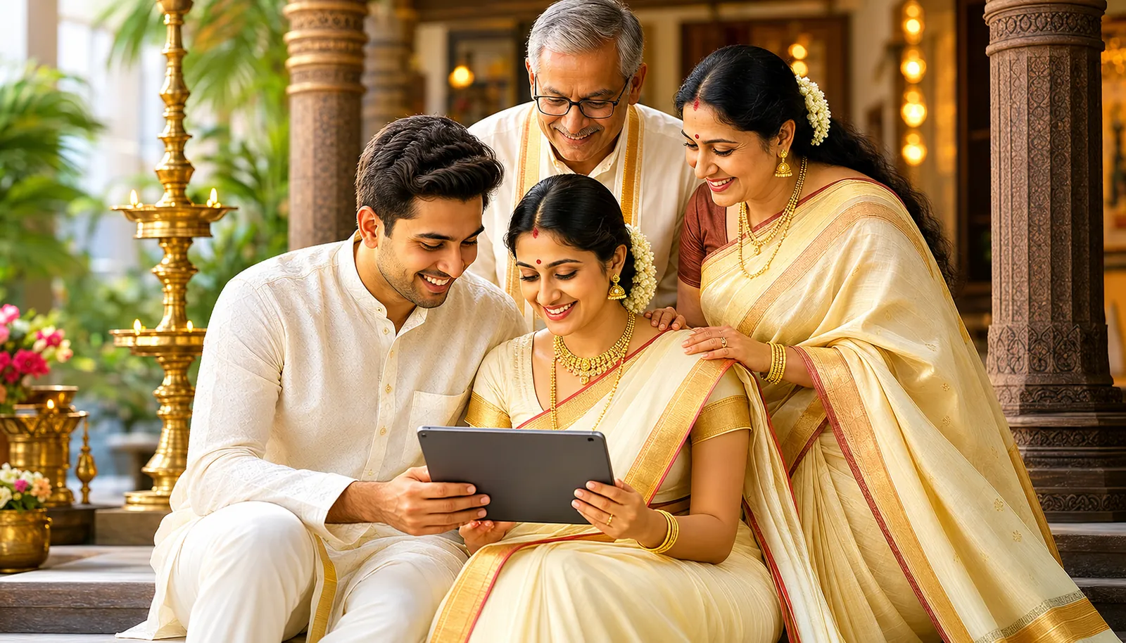South Indian Hindu family reviewing Brahmin Vokkaliga Veerashaiva Lingayat Arya Vysya Reddy Kumbara Kuruba Golla Naidu Nayaka Kapu Padmashali Vishwakarma Maratha Ediga and Kodava matrimony profiles in Kannada Telugu Tamil Malayalam and Marathi across India USA Canada Australia Germany and the UK