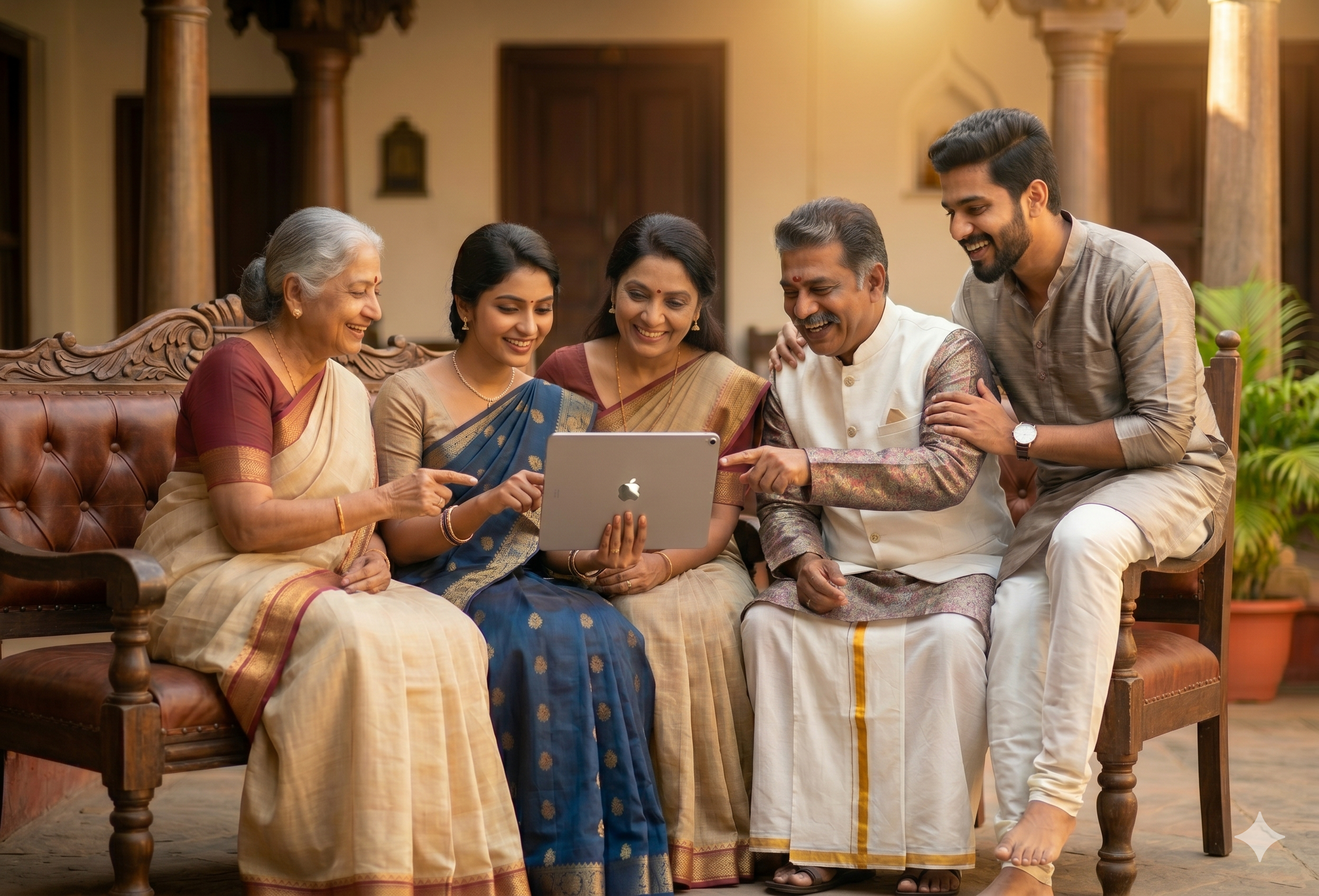 A family reviewing profiles together on a tablet from home.