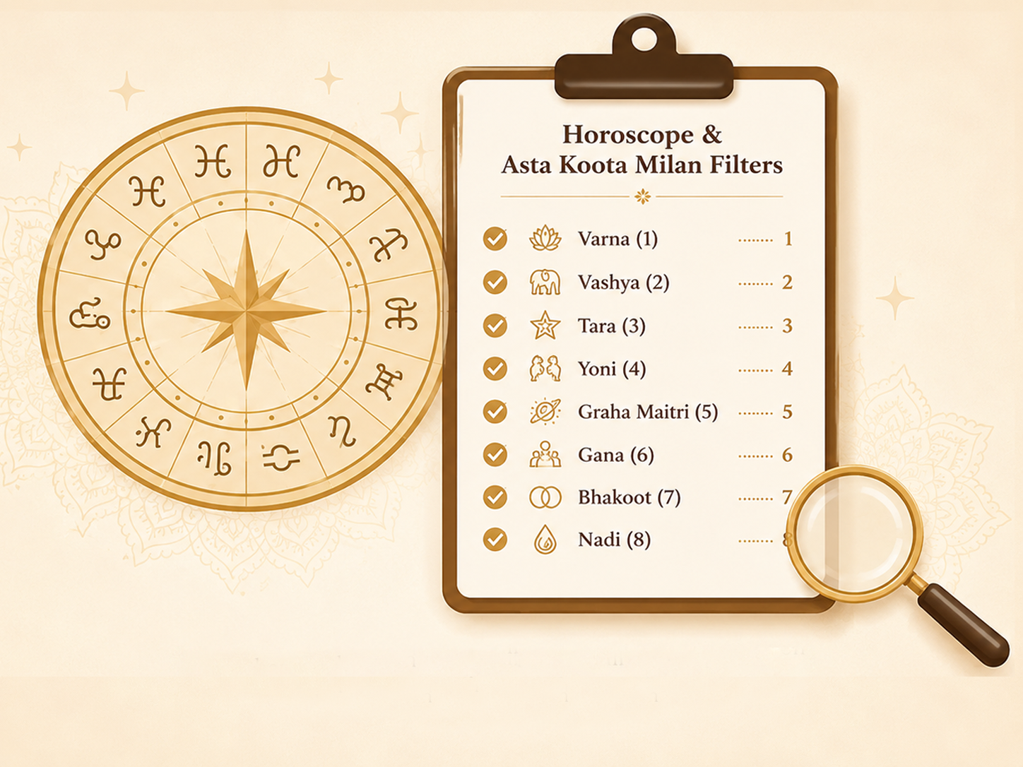 A horoscope compatibility card showing Asta Koota Milan matching details beside a zodiac chart.