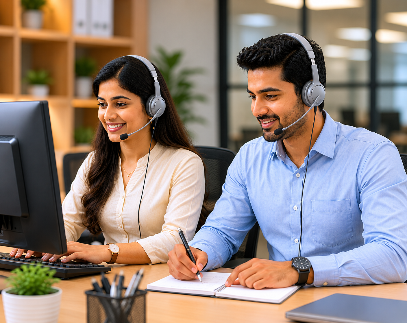 Support staff assisting matrimony members through a call.