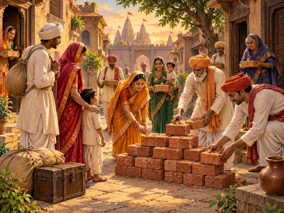 Neighbours stepping into a lane at Agroha, each carrying one brick and one small copper coin to a newly arrived family, the custom Agarwal households tell about themselves