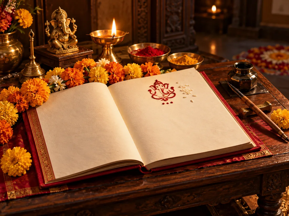 A new account book opened at Diwali, Ganesh drawn on its first blank page in red kumkum beside grains of rice, a lit brass lamp and marigolds