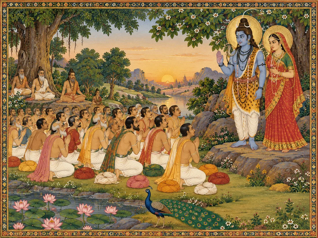 Shiva and Parvati restoring the seventy-two at first light, their turbans set down before them, the morning the Maheshwari community counts itself from