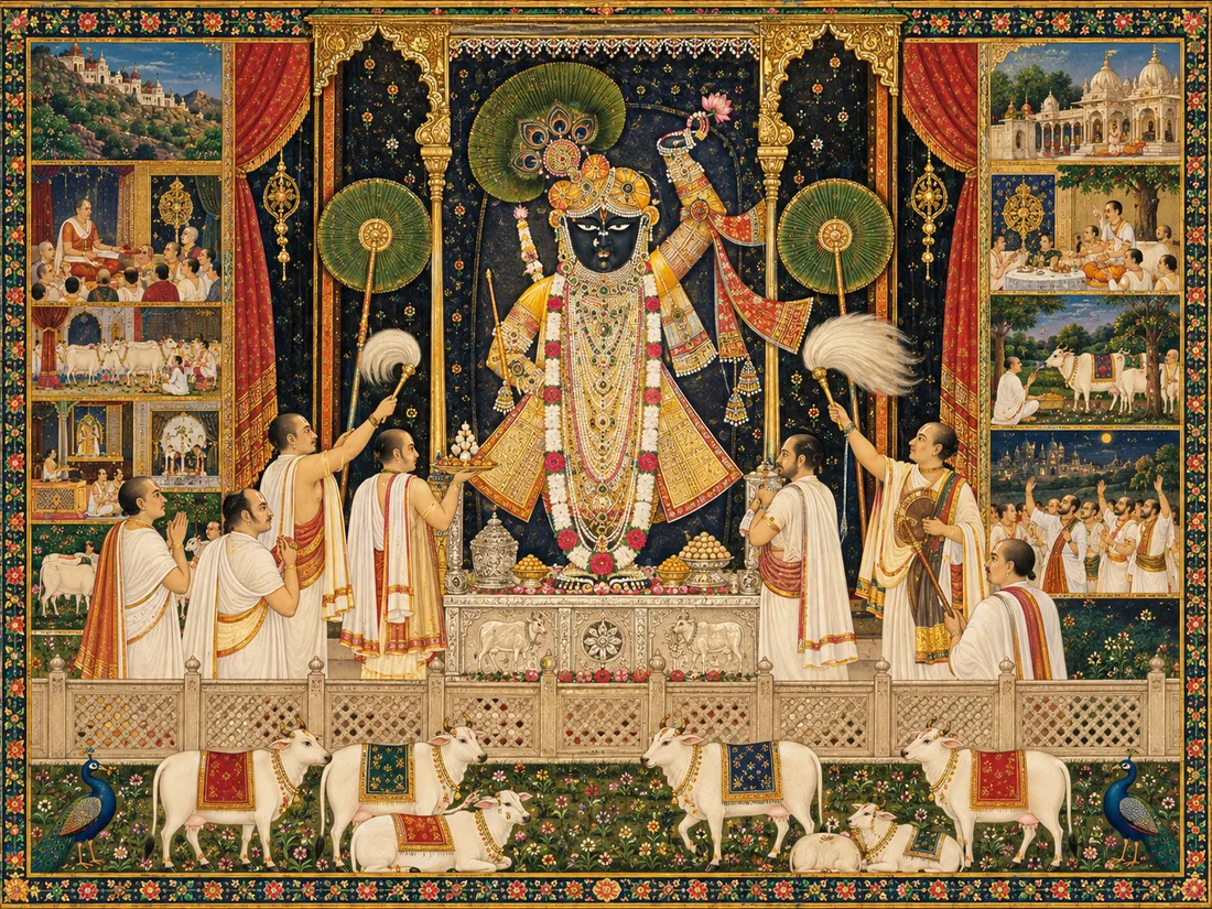 The seva of Shrinathji — sevaks fanning with chamaras and offering bhog before the shrine, with cows and calves in the meadow in front