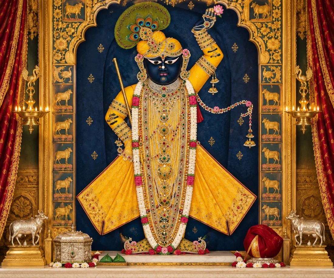 The svarupa of Shrinathji, left arm raised in the gesture of lifting Govardhan, before a pichhwai hanging worked with cows