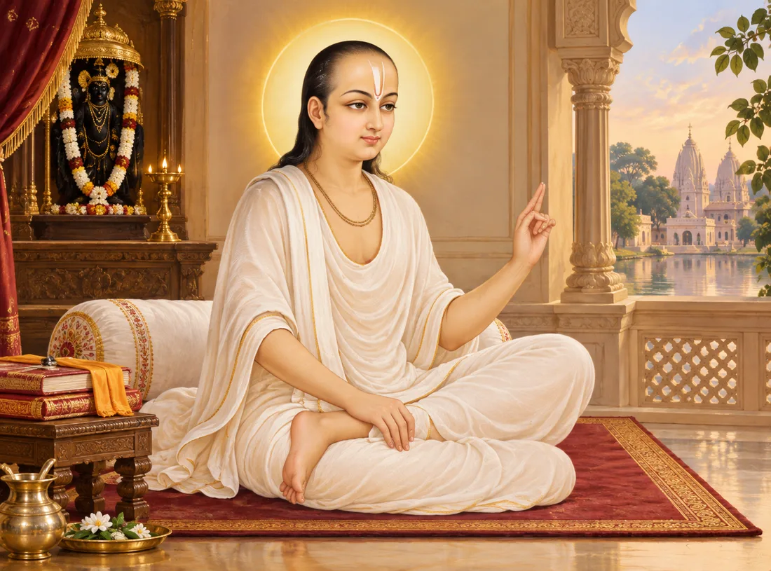 Sri Vallabhacharya seated in a pillared pavilion with his hand raised in teaching, his manuscripts beside him and a shrine of Krishna behind