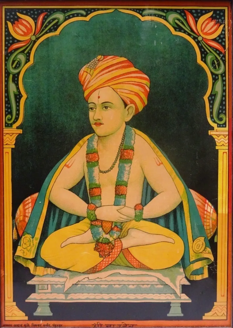 A classic devotional depiction of Sant Namdev, the Bhakti saint-poet revered as patron by the Simpi and Namdev Shimpi families of the community