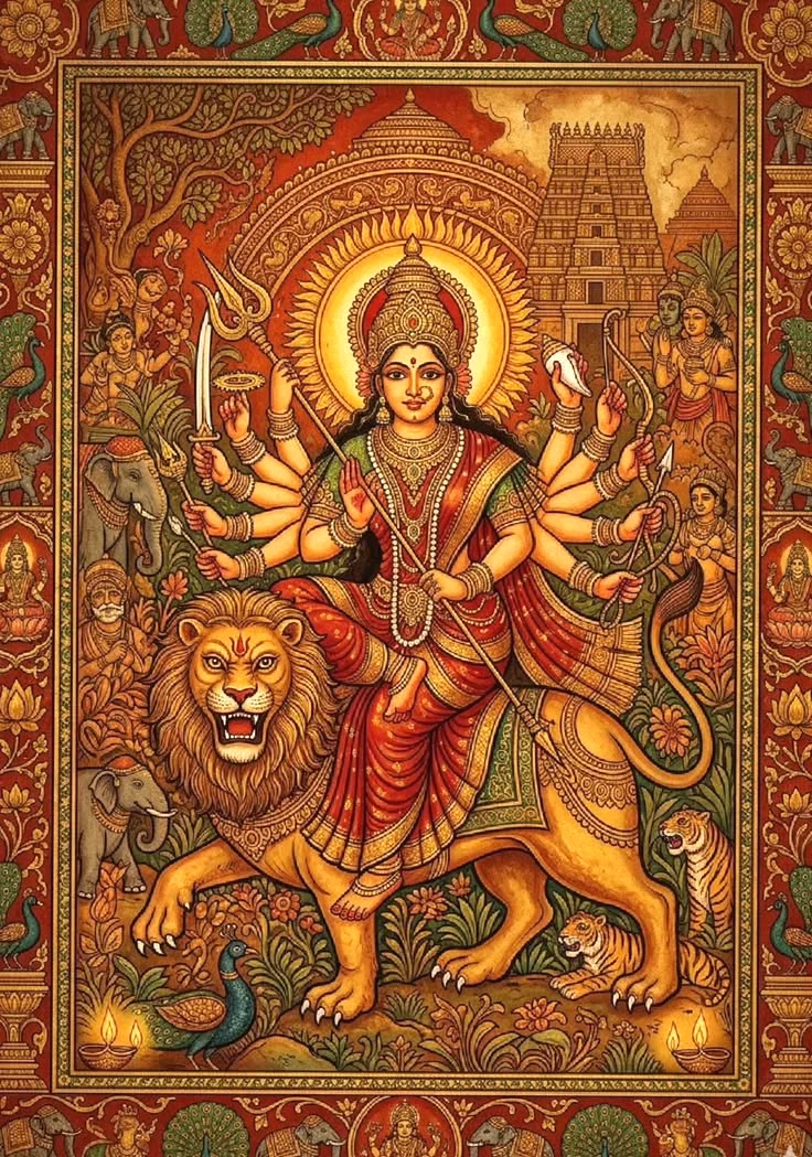 Chowdeshwari Devi, the presiding deity of the Devanga community, seated upon her lion with the trishula in hand, in a devotional painting bordered with peacocks, elephants and lotuses