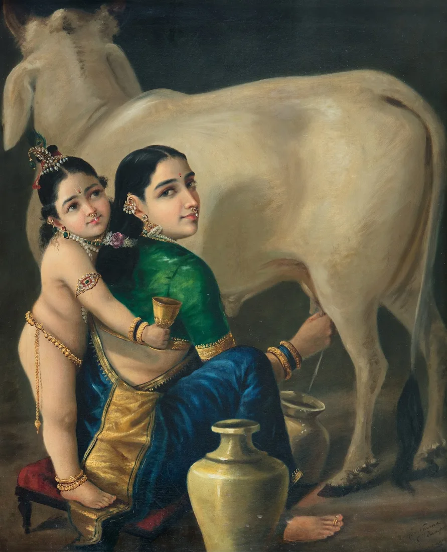 Yashoda with the child Krishna, the divine cowherd revered by the Golla Yadava community — Raja Ravi Varma