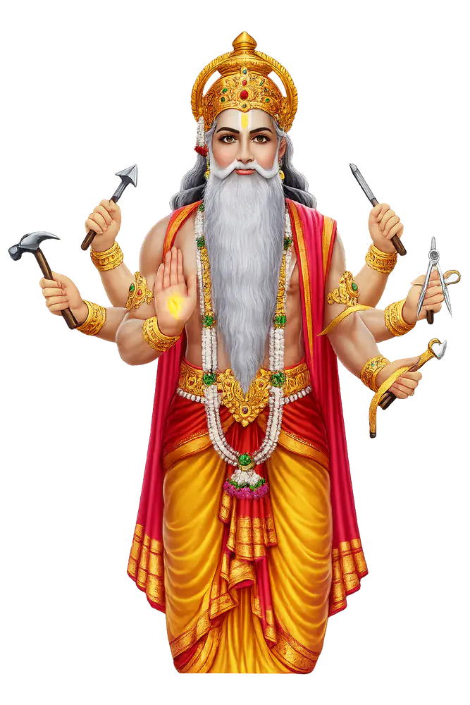 An image of Lord Vishwakarma, the divine architect, revered as the progenitor of the Vishwakarma artisan community