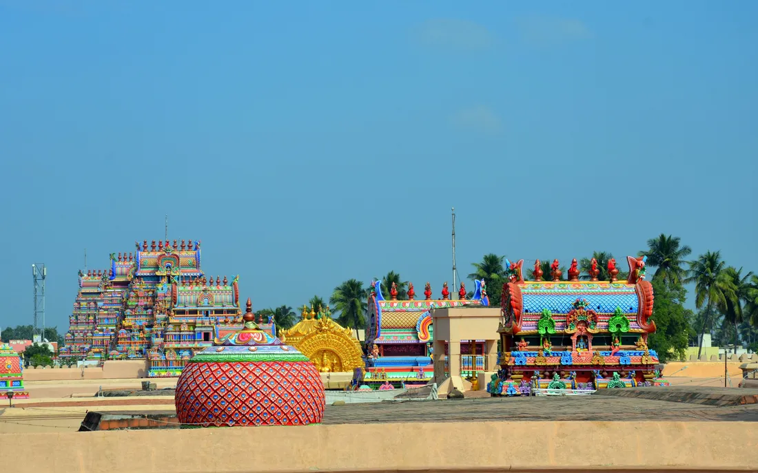 The painted gopuram towers of the Ranganathaswamy temple at Srirangam, Tiruchirappalli, in the Dravidian architecture of the Tamil land