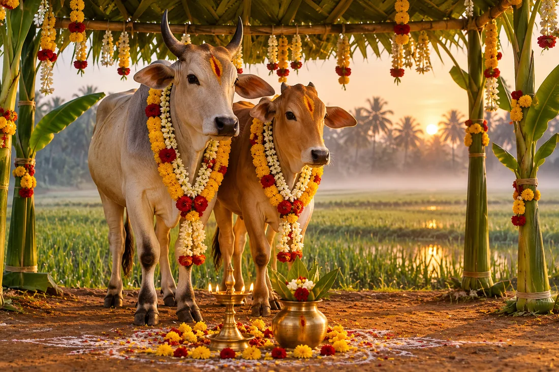 A young bull and a young cow garlanded with marigold and jasmine under a palm-leaf pandal at dawn, turmeric on their foreheads and a brass lamp and kalasha before them, in a Godavari delta field