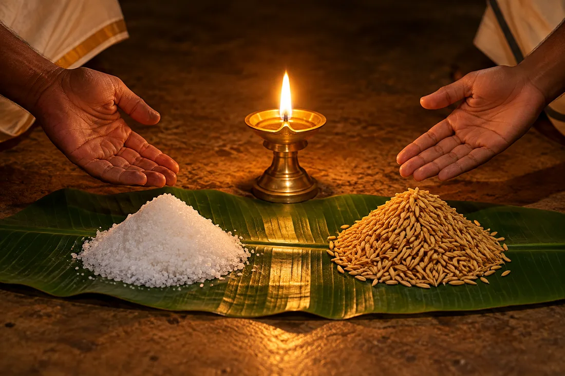A heap of salt and a heap of paddy laid on a banana leaf with a brass lamp burning between them, and two open hands agreeing that the two are of equal value, on the third day of a Raju wedding