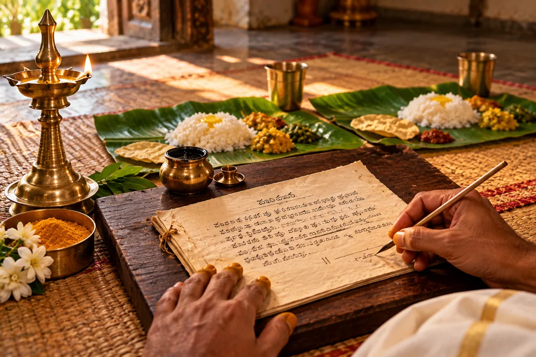 A Raju marriage agreement being written in Telugu on handmade paper with a reed pen, a brass lamp and turmeric beside it, and two plantain leaves laid for the settlement meal behind