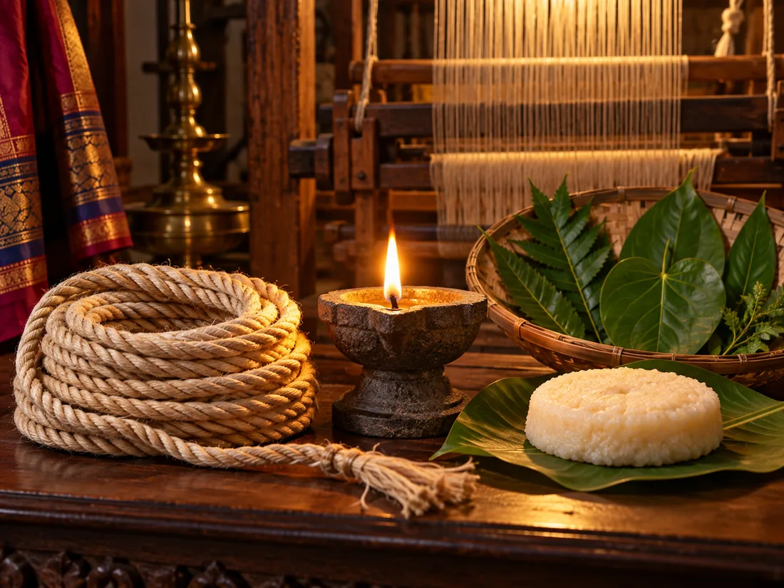 A Swakula Sali devak set out before a loom — a coiled loom-rope, a stone oil lamp burning, and a rice cake on a green leaf, with the panchapallava of five leaves in a winnowing fan