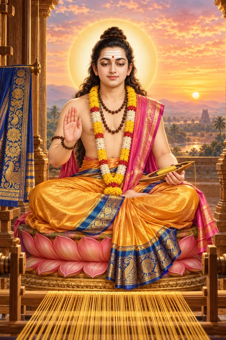 Bhagwan Sri Jivheshwara seated on a lotus at sunrise, one hand raised in blessing and a weaver’s shuttle of gold thread in the other, the warp of a loom running out of the frame before him