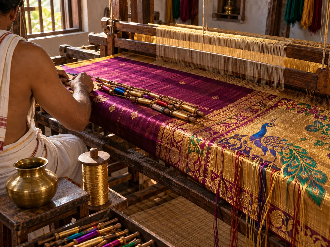 A half-woven Paithani on a pit loom, its gold zari border and peacock pallu worked in tapestry weave, with the small wooden bobbins of coloured silk resting along the cloth
