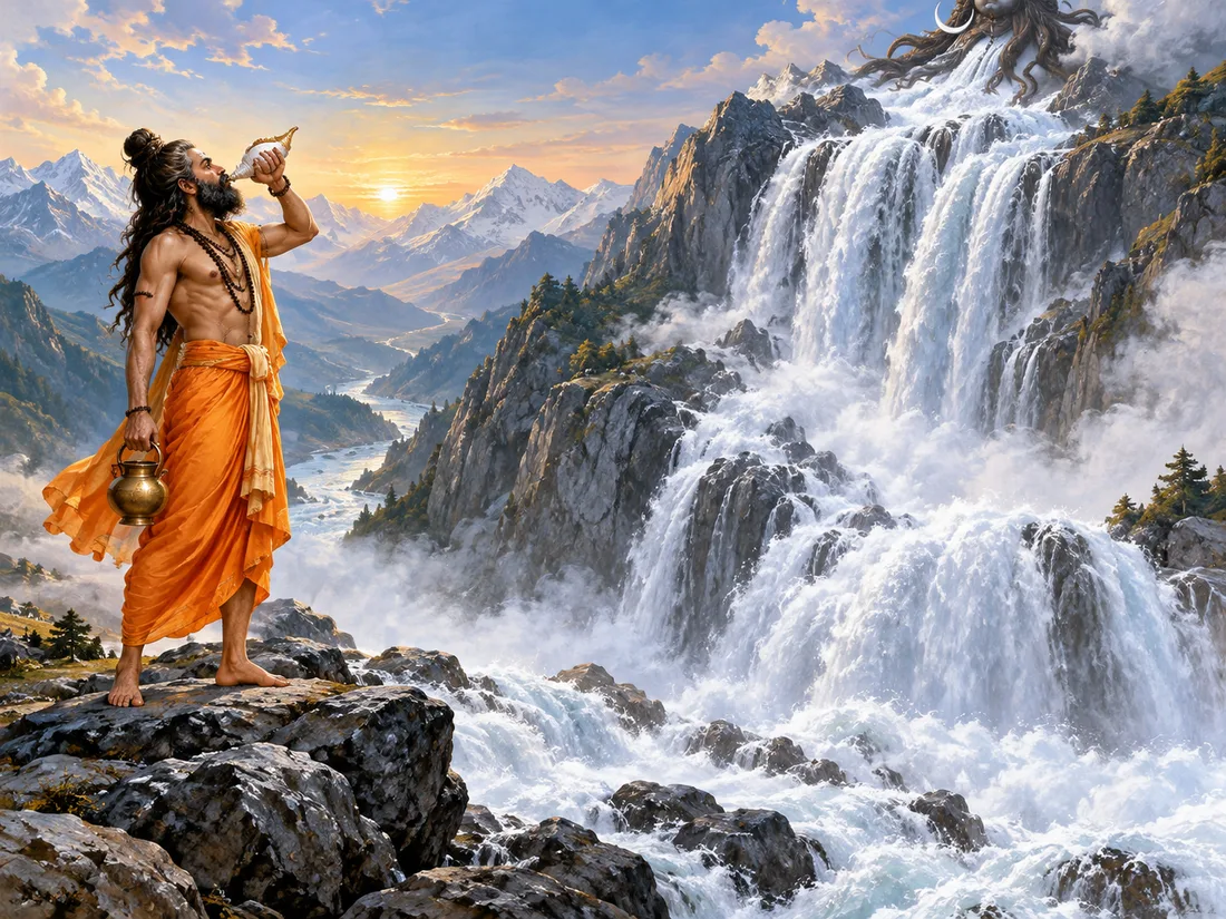 Bhagiratha sounding the conch at the moment the Ganga reaches the earth from Shiva's matted hair, the tradition Uppara and Sagara households keep as the story of their own descent