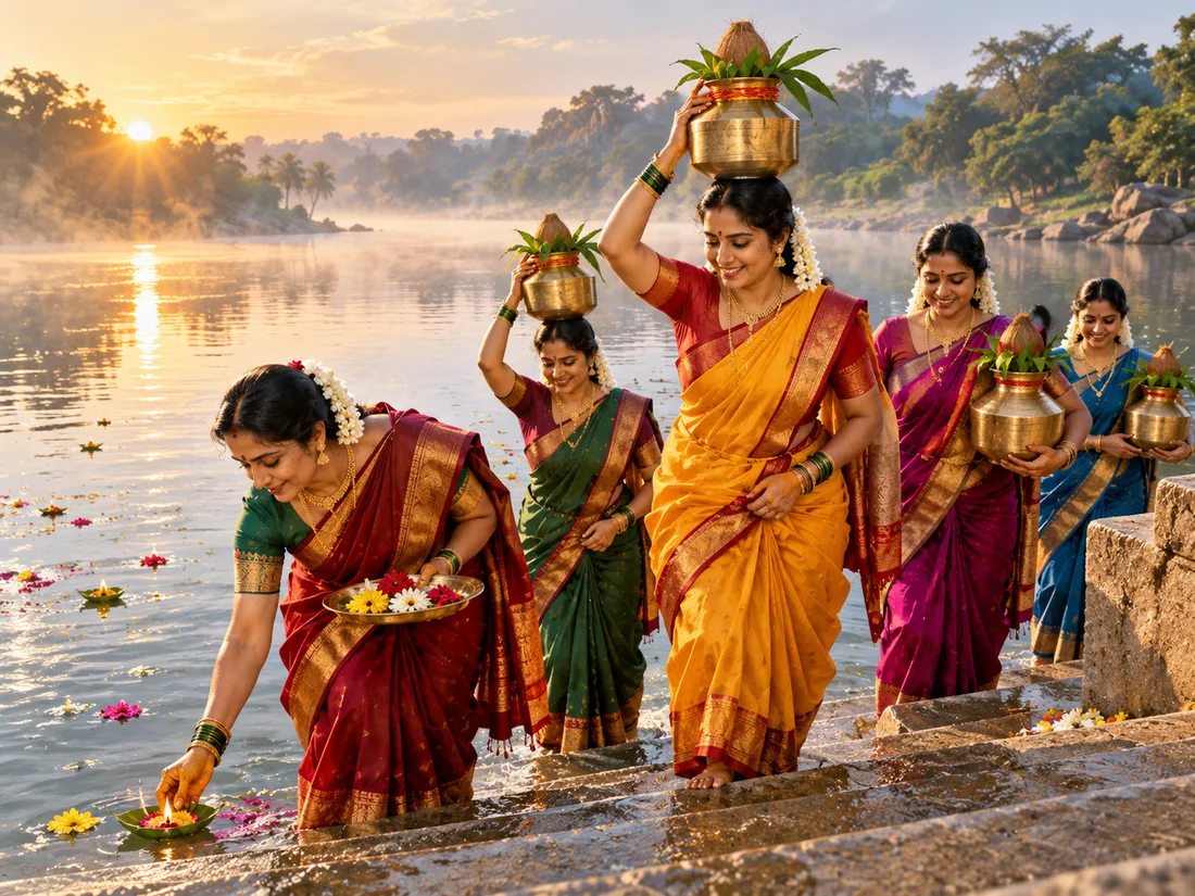 Married women of an Uppara household carrying brass pots of Sastrada Niru up the river steps at dawn after worshipping Ganga, the ceremonial water used for the wedding day's cooking