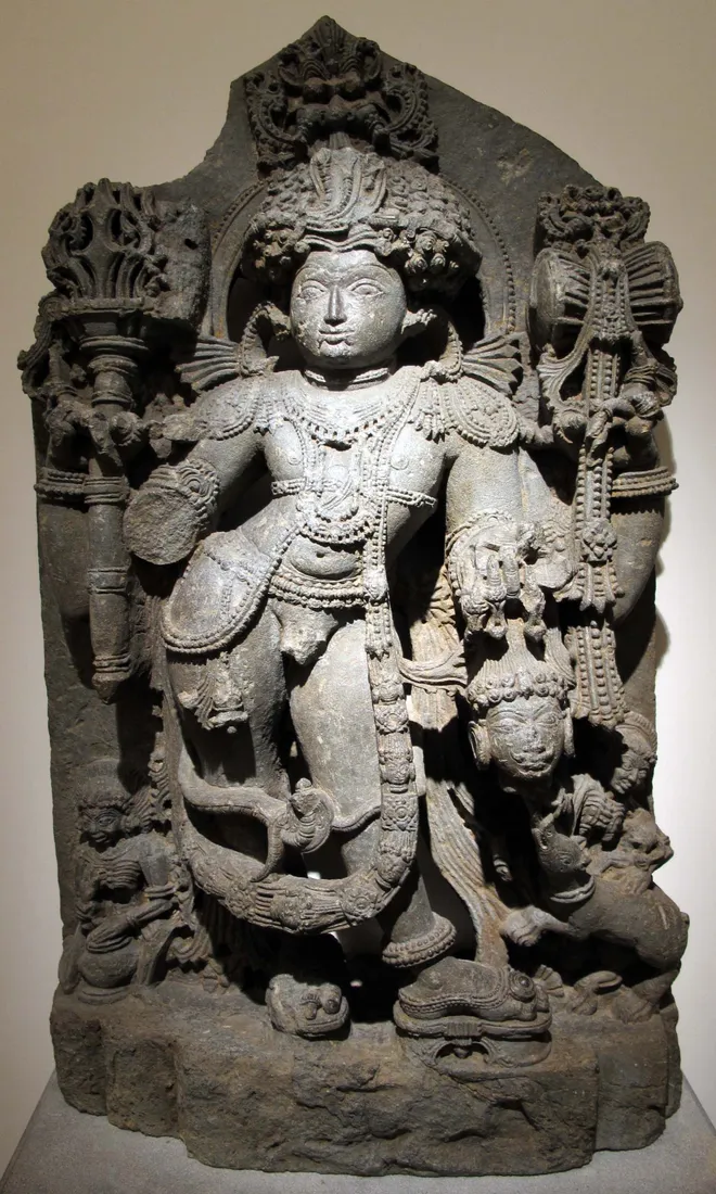 A thirteenth-century Hoysala sculpture of Bhairava from Karnataka — the fierce, protective form of Shiva revered as Sri Kalabhairaveshwara