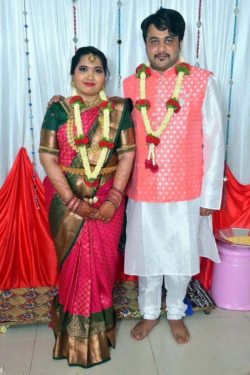 Bharath and Chaithrashree in wedding attire from the happily married gallery